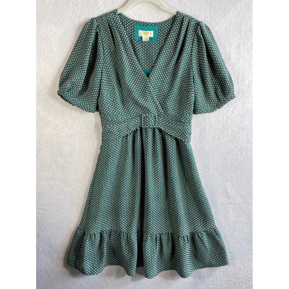 Anthropologie Maeve Keily Printed Belted Dress Green Short Sleeve Size 4